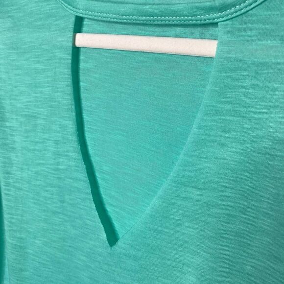 Shein Short Cuffed Sleeve Cutout Keyhole V-Neck Top Medium Blue Green Heathered - Picture 4 of 8